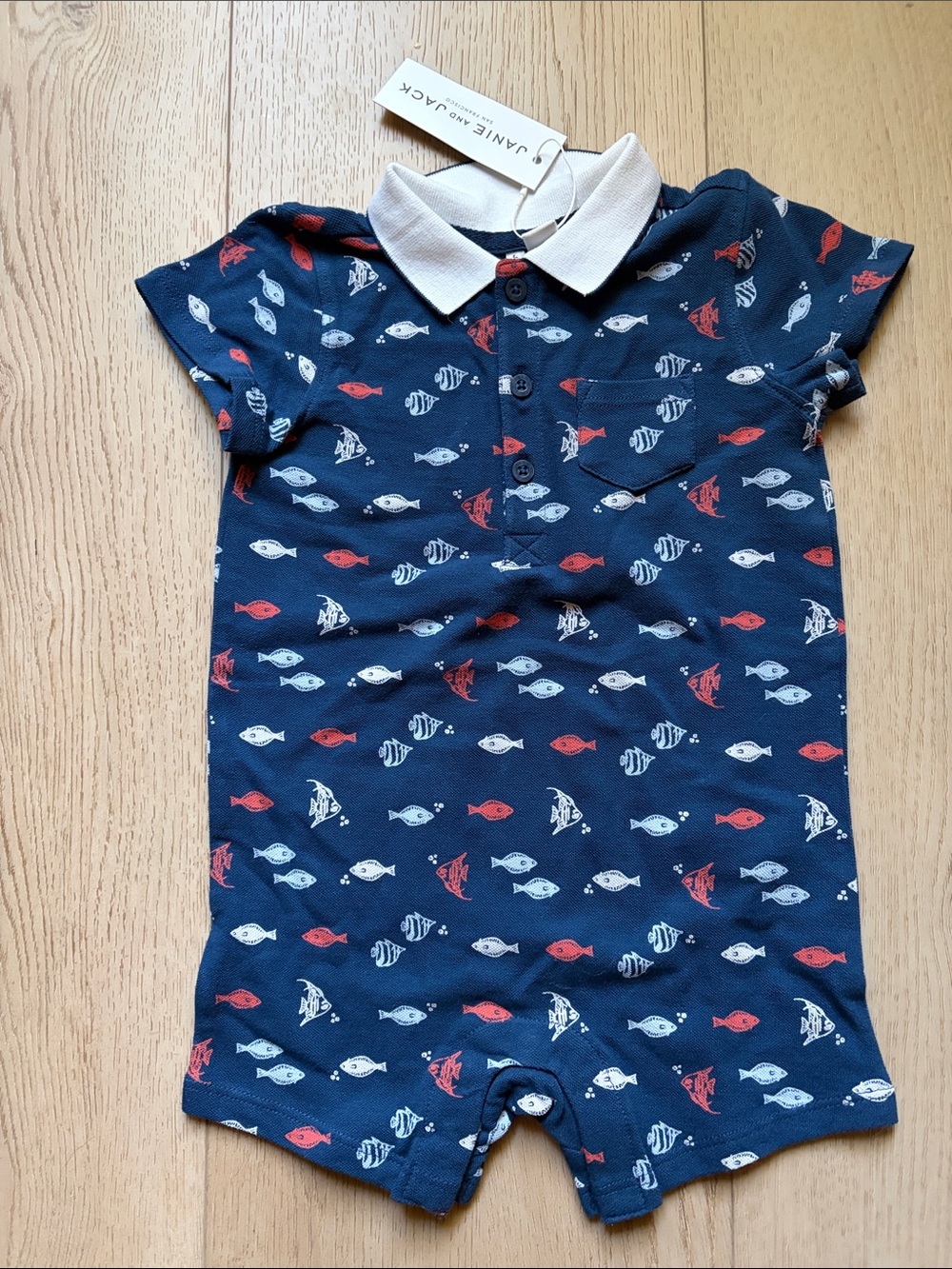 Janie and Jack Baby Navy Polo Romper with Red & White Fish Print - 12-18 months